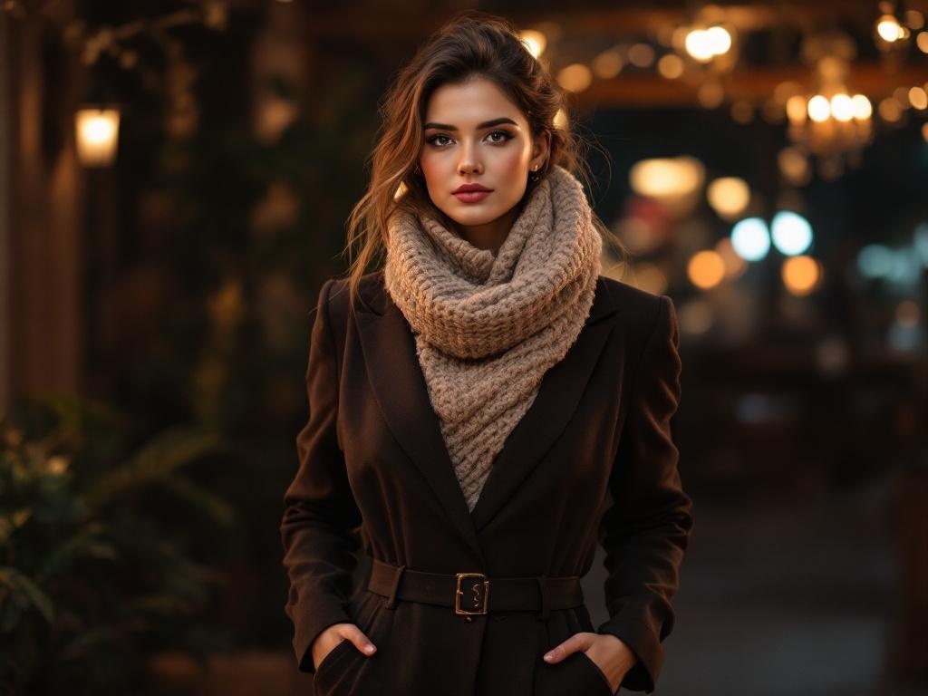 A woman in a tailored jumpsuit and a cozy scarf, looking stylish in an evening setting.