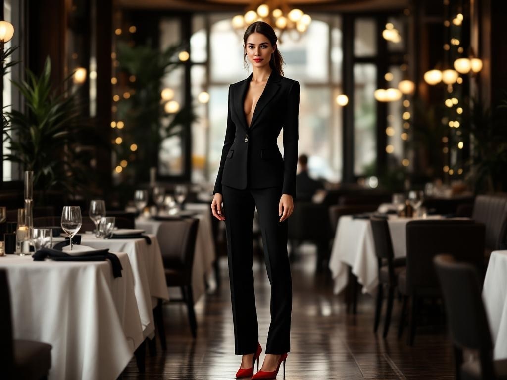 A woman in a tailored black pantsuit and bold red heels stands in a stylish restaurant.