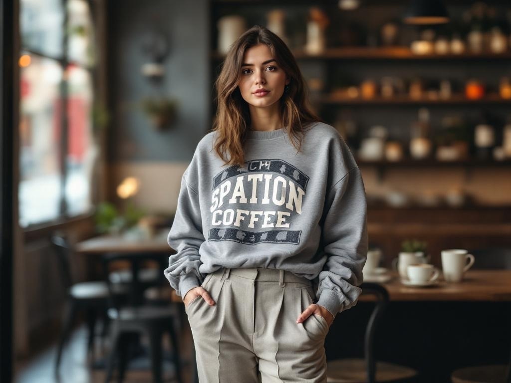 A woman wearing tailored trousers and a graphic sweatshirt in a cozy café setting.