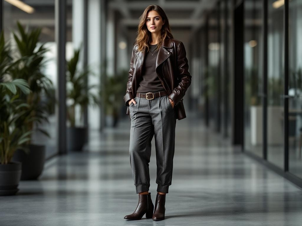 A woman wearing a brown leather jacket, a dark top, and tailored trousers, standing in a modern space with plants.