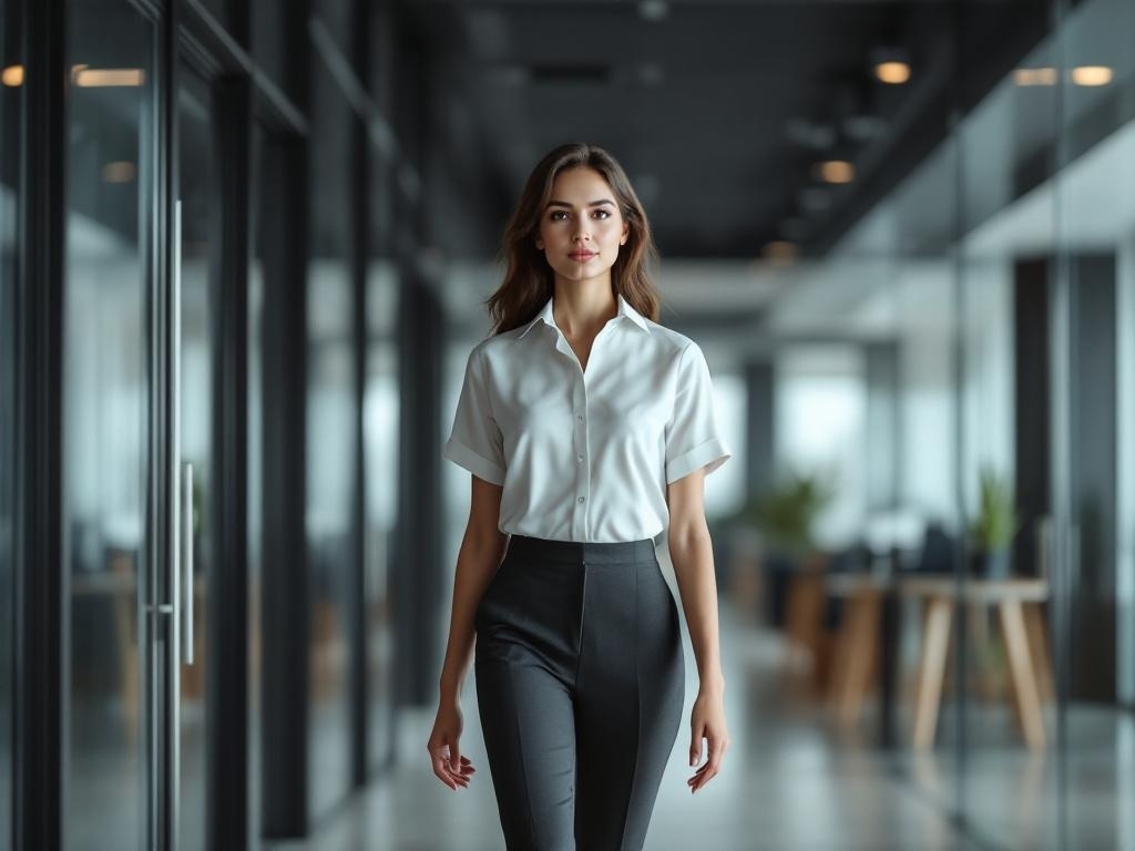 A woman in a white short-sleeve blouse and tailored trousers walking in a modern office.