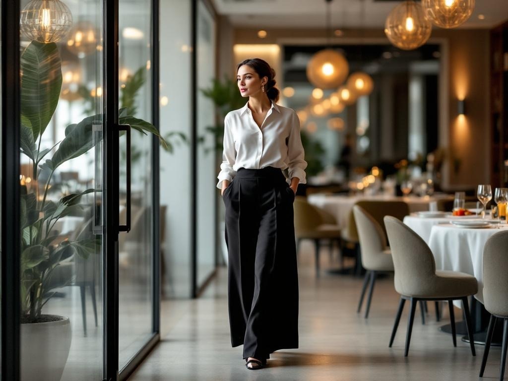 A woman in tailored wide-leg pants and a chic blouse walking through a stylish restaurant.