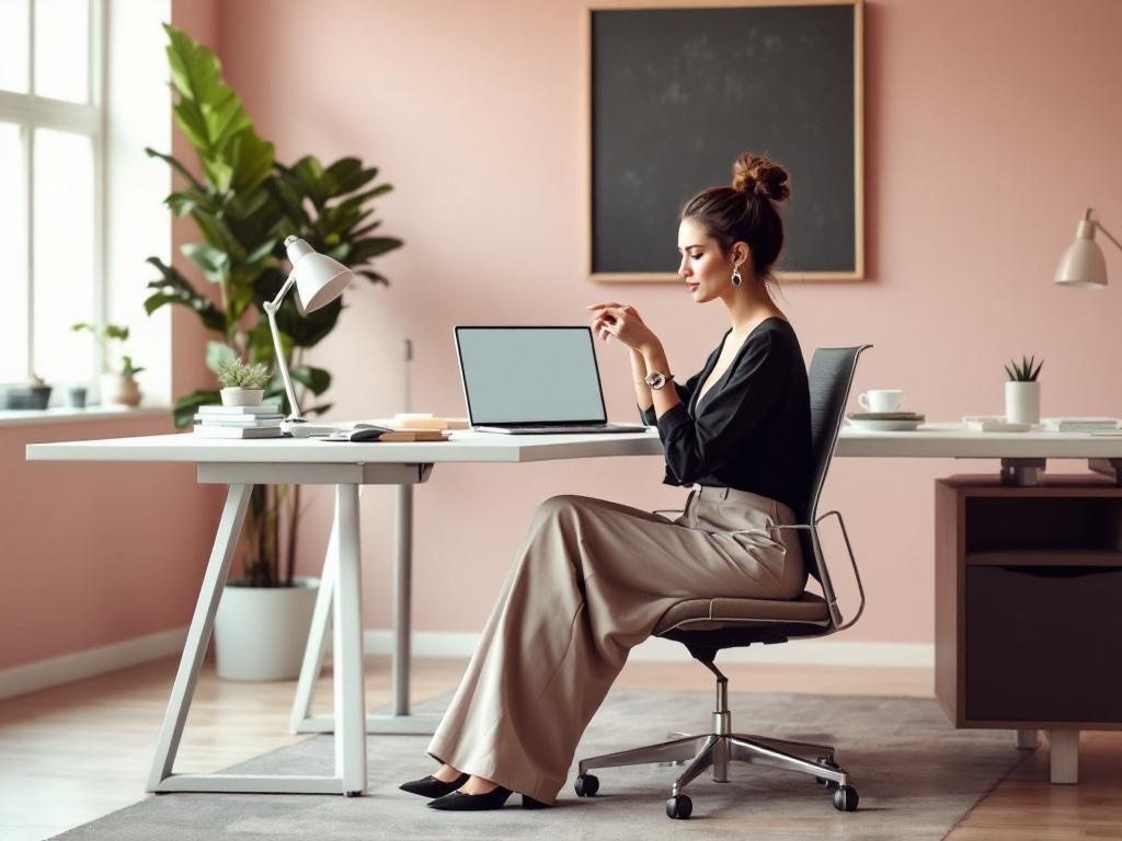 A woman in tailored wide-leg pants and a stylish top sitting at a modern desk in a pink office.