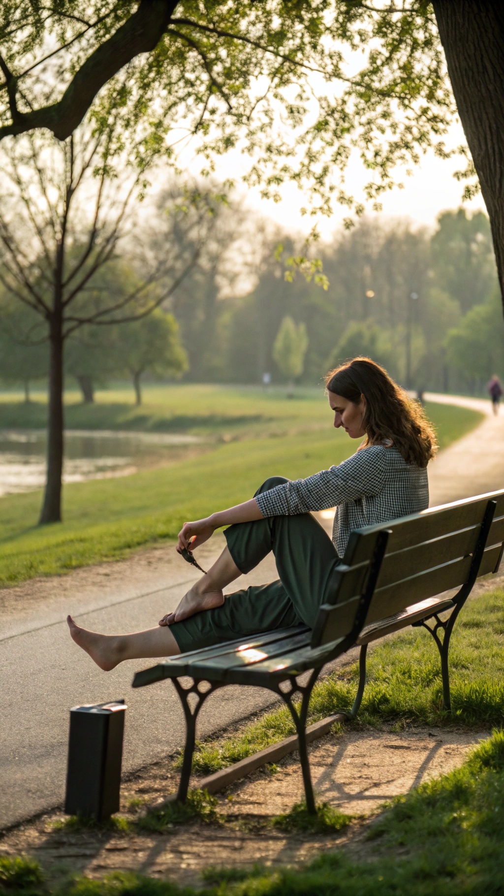 A woman sitting on a bench in a park, resting her feet after wearing heels.