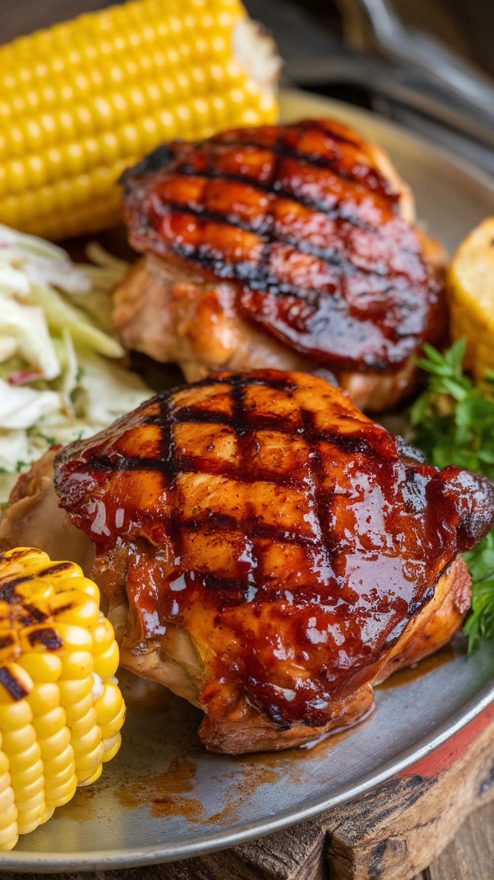 Grilled tangy BBQ chicken thighs served with corn and coleslaw on a picnic table