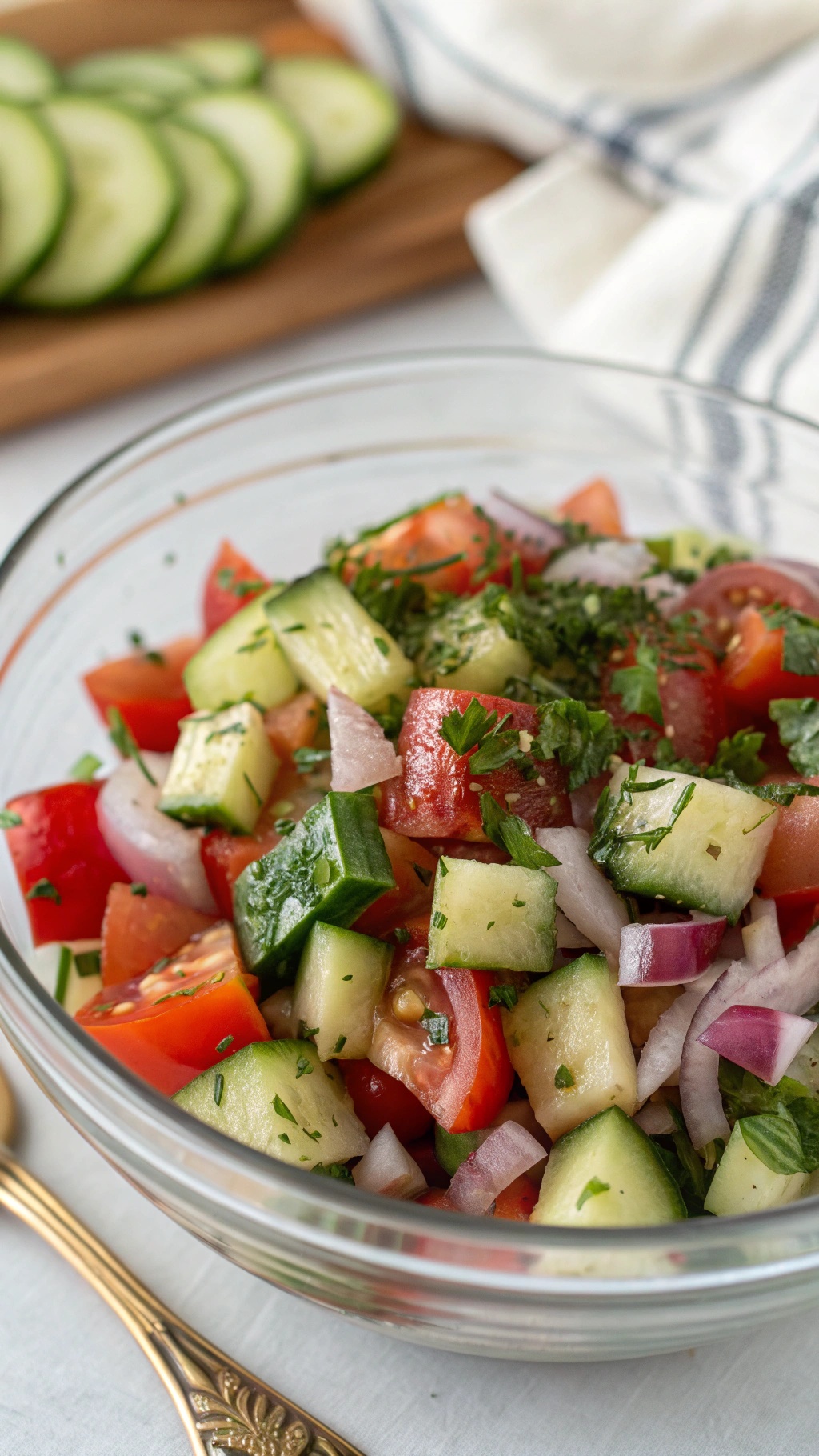 A bowl of tangy cucumber and tomato salad with fresh herbs, served with sliced cucumbers in the background.
