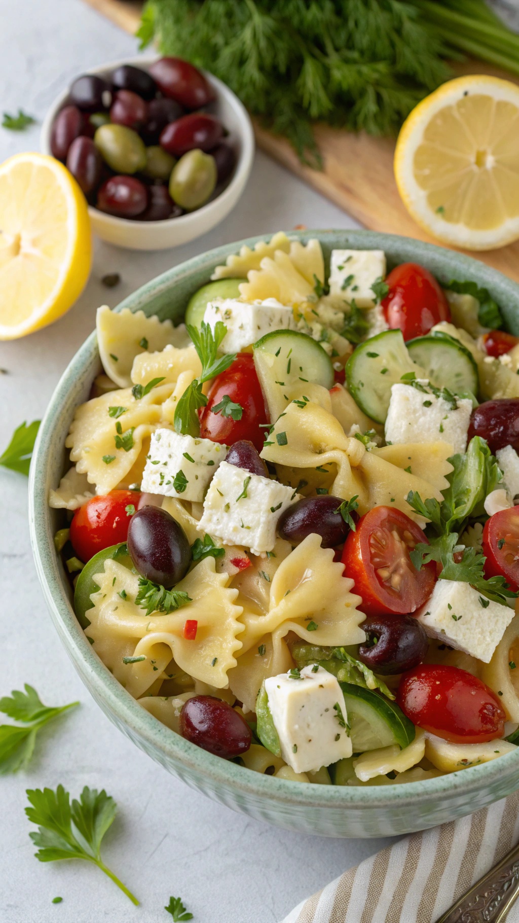 A colorful bowl of Greek pasta salad with feta, olives, and vegetables.