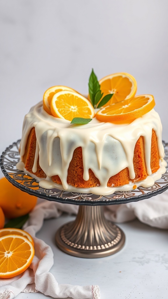 Tangy Greek Yogurt Citrus Cake topped with orange slices and mint leaves