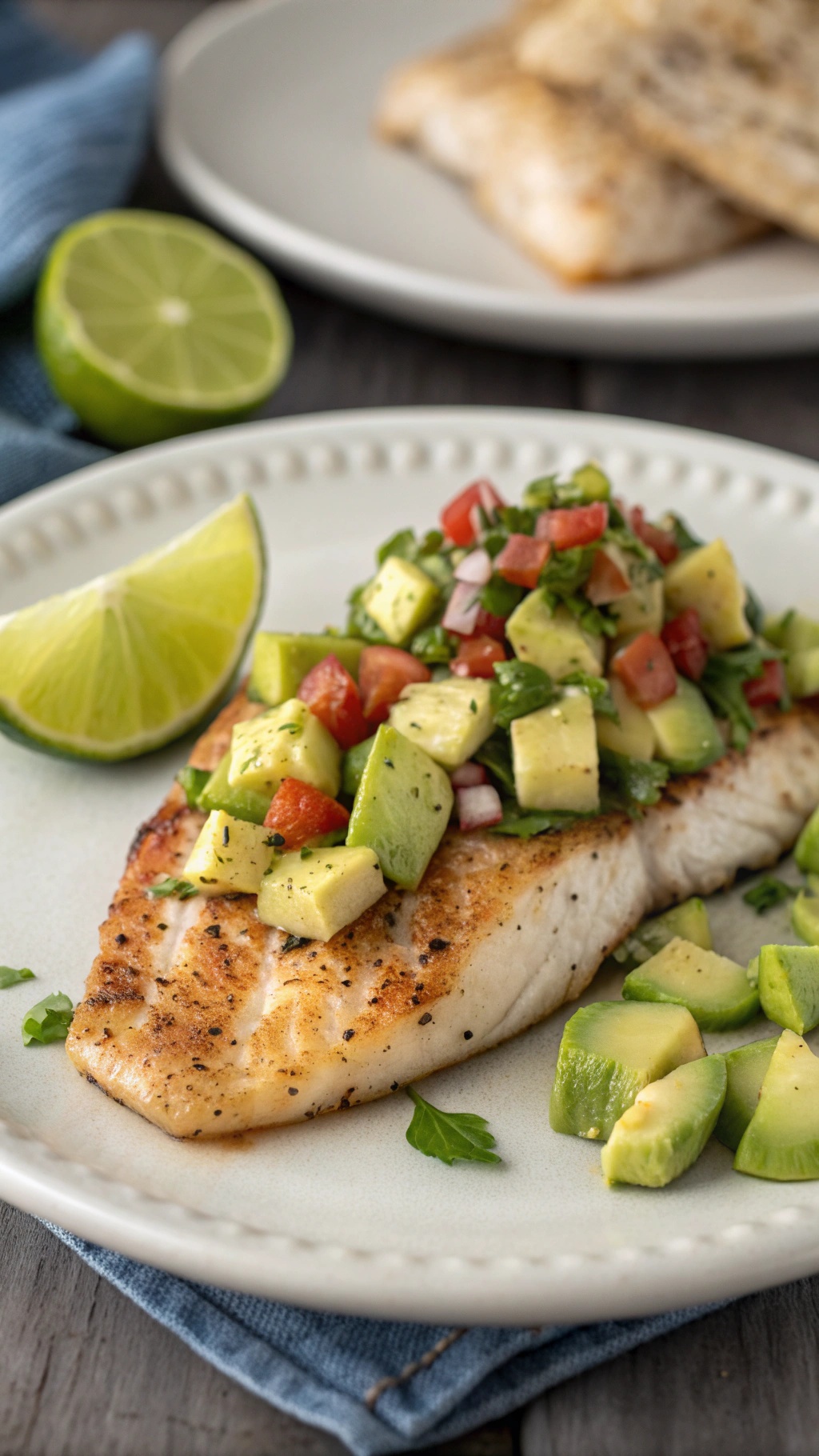 Grilled fish topped with avocado salsa and lime wedges