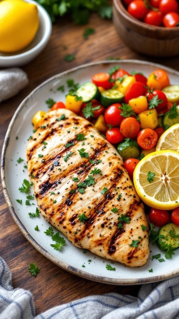 Grilled chicken breast with lemon slices and colorful salad on a plate
