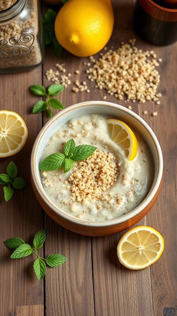 Bowl of Tangy Lemon Quinoa Breakfast Porridge with lemon slices and mint leaves on a wooden table.
