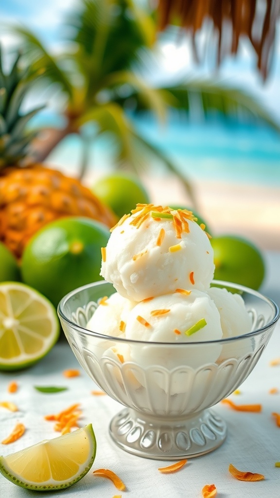 A bowl of Tangy Lime and Coconut Sorbet with lime slices and shredded coconut, set against a tropical background.