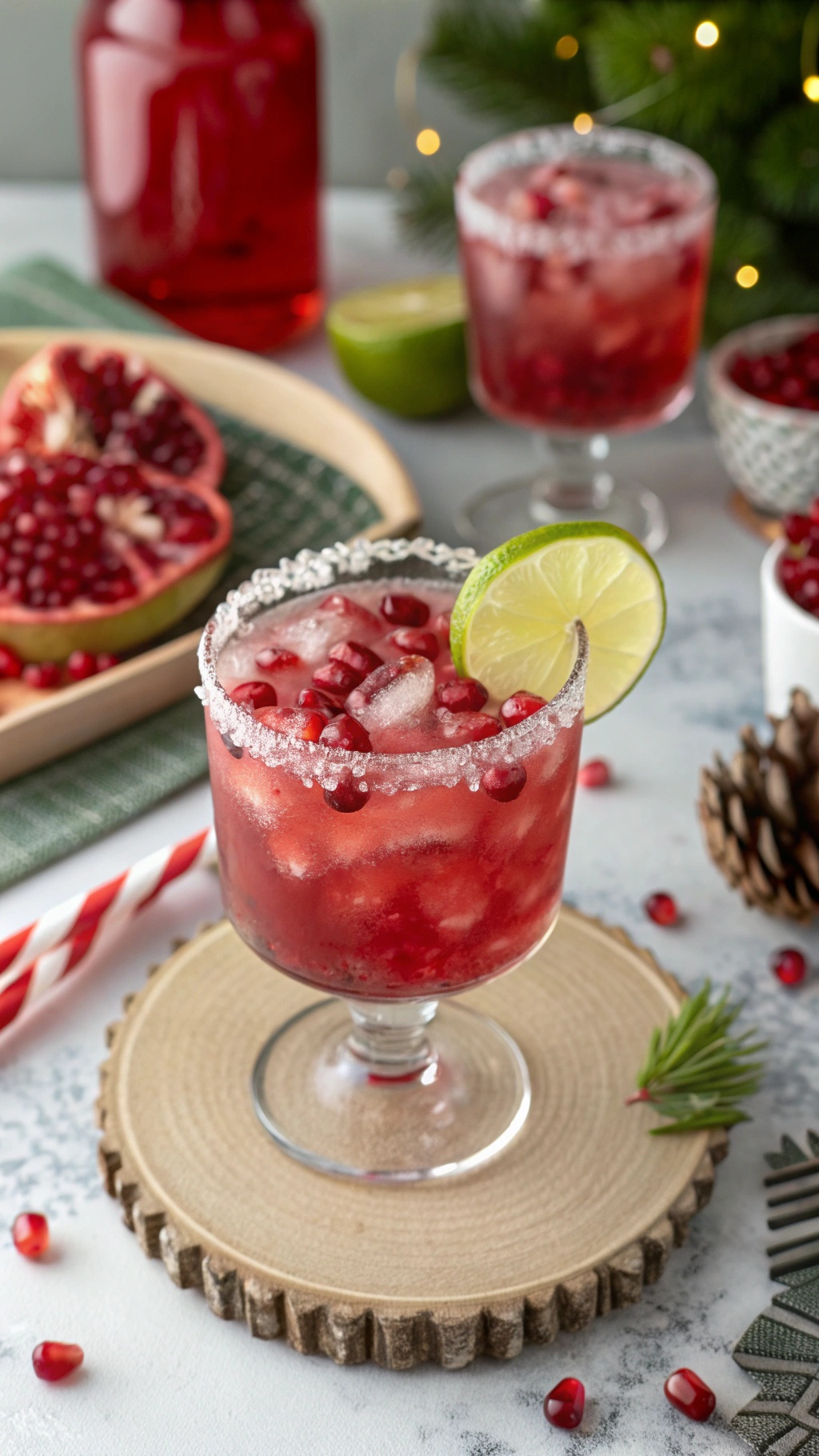 A refreshing tart pomegranate skinny margarita served in a glass with a salted rim, garnished with lime and pomegranate seeds.