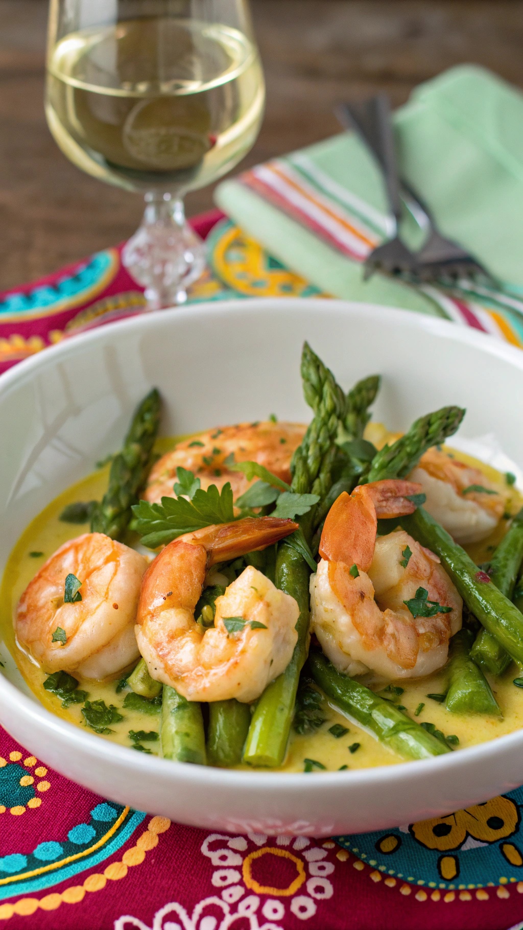 A bowl of Lemon Butter Shrimp and Asparagus with a glass of white wine in the background.