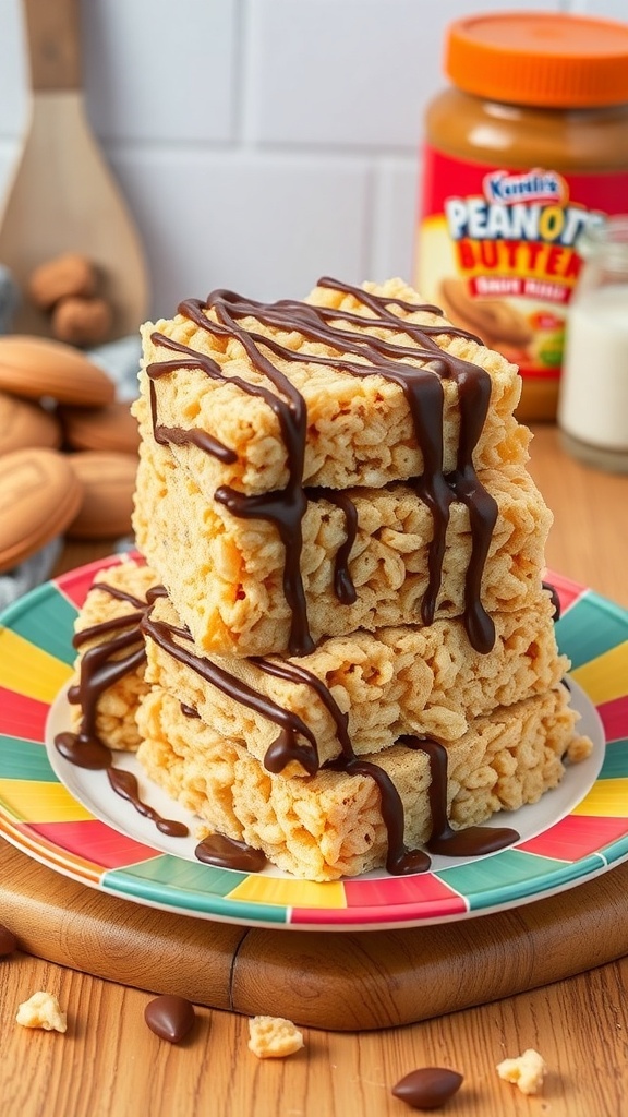 Peanut Butter Rice Krispie Treats stacked on a colorful plate with chocolate drizzle.