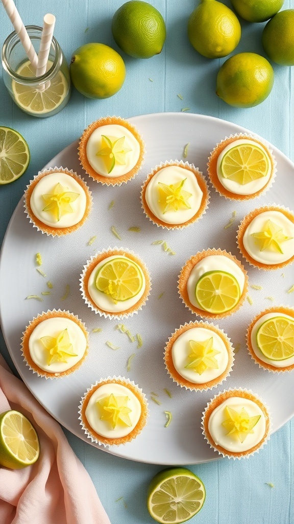 A plate of Key Lime Pie Bites decorated with lime slices and zest.