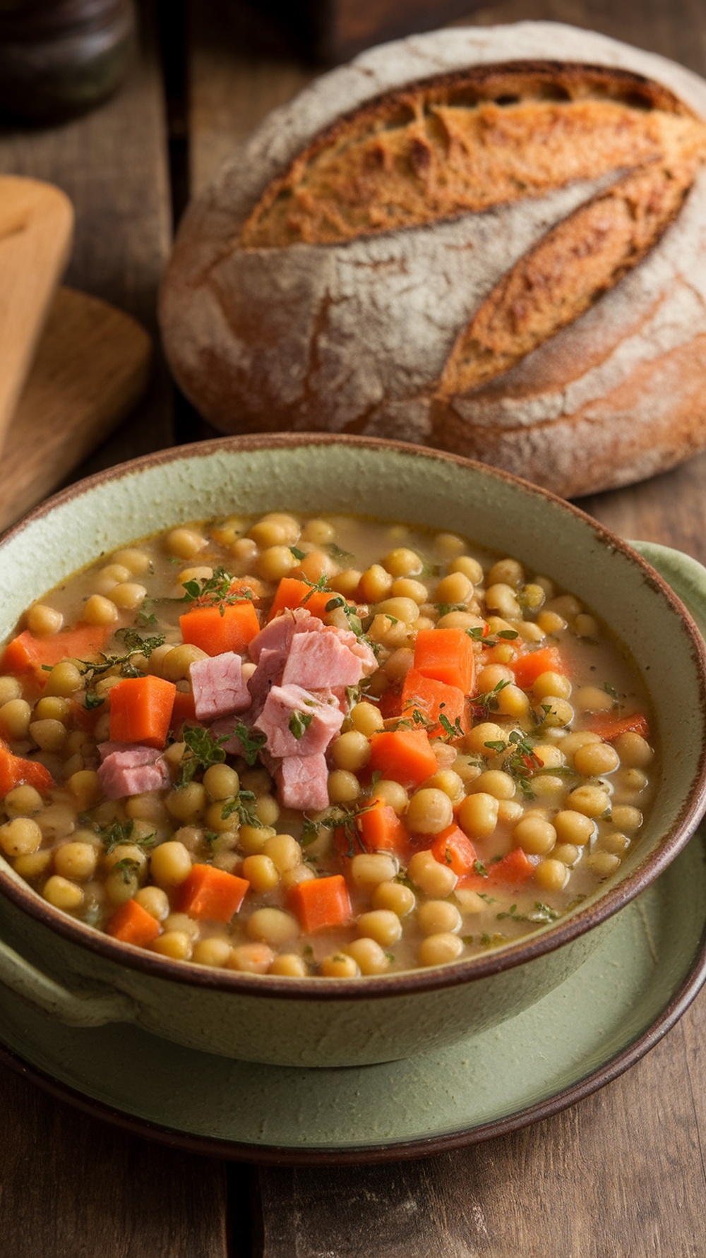 A bowl of split pea soup with diced ham and carrots, served with a loaf of bread.
