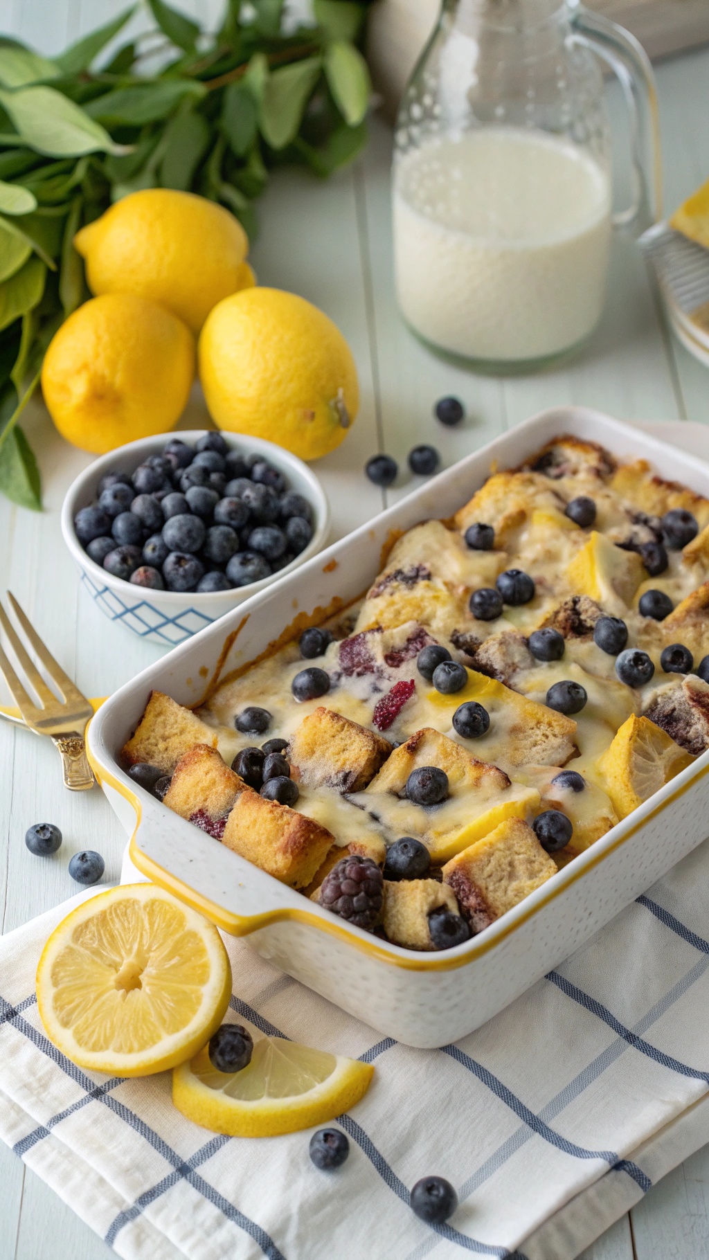 Lemon Blueberry French Toast Casserole with fresh blueberries and lemons