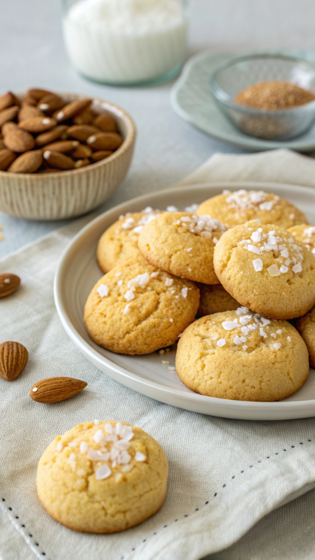Almond flour cookies on a plate with almonds and other ingredients