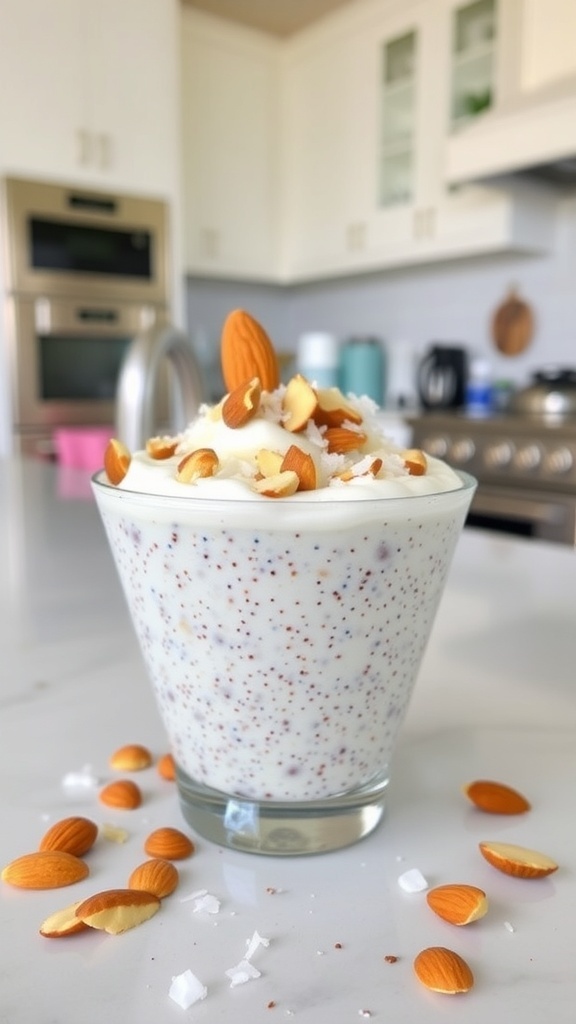 A glass of Almond Joy Chia Pudding topped with almonds and coconut flakes.