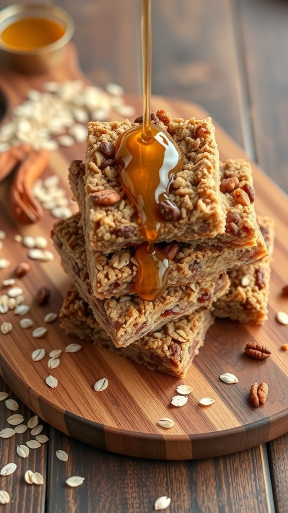 Stack of energy-boosting granola bars drizzled with honey on a wooden platter