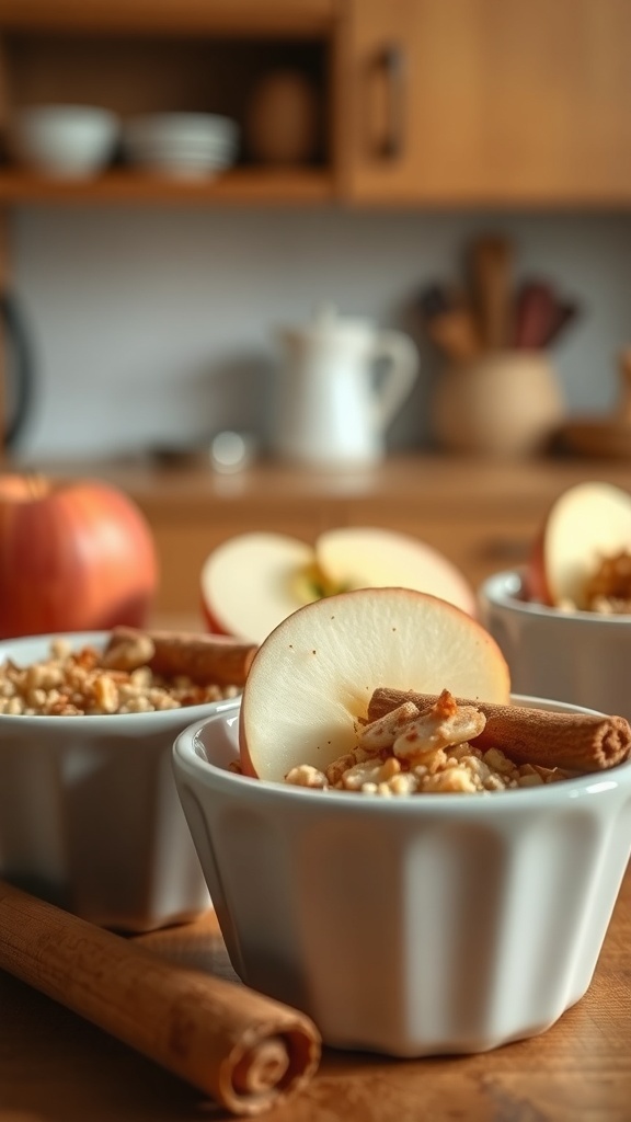 Apple cinnamon oatmeal cups topped with apple slices and cinnamon sticks