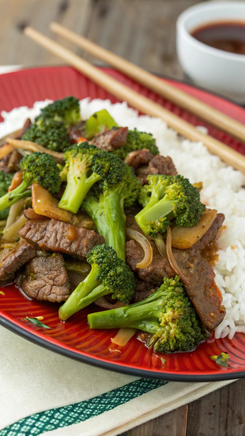 A plate of beef and broccoli stir-fry served over rice with chopsticks