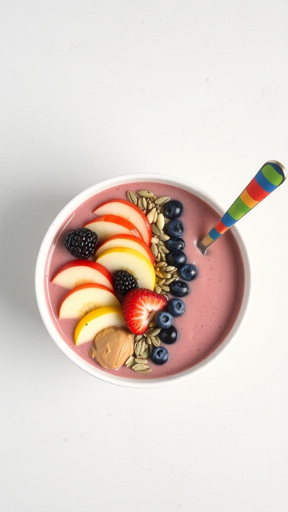 A colorful berry and almond butter smoothie bowl topped with apple slices, blueberries, blackberries, and pumpkin seeds.