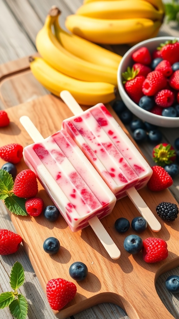 Berry banana popsicles on a wooden board with fresh berries and bananas