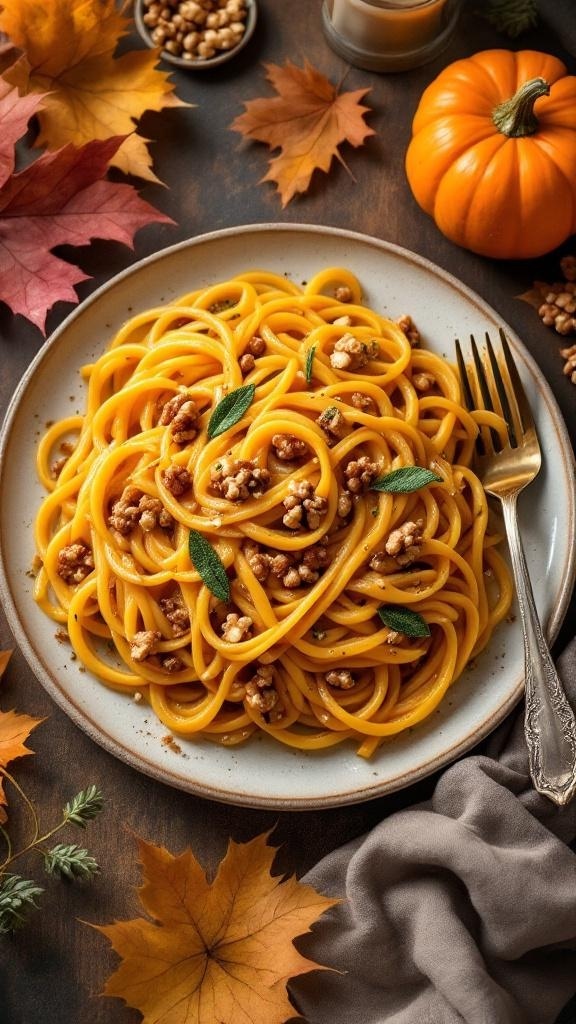 A plate of butternut squash pasta garnished with walnuts and sage, surrounded by autumn leaves and a pumpkin.