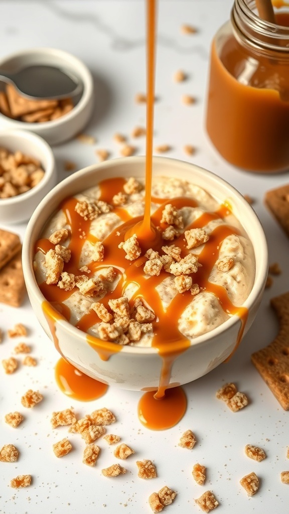 A bowl of caramel cheesecake overnight oats topped with caramel sauce and crushed graham crackers.