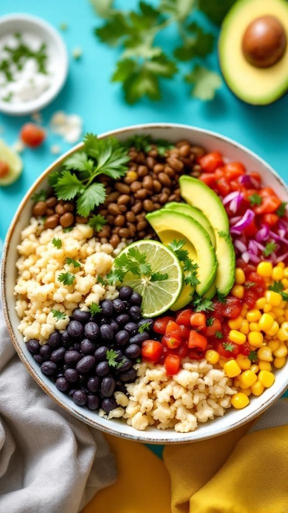 A colorful cauliflower rice burrito bowl with black beans, corn, diced tomatoes, avocado, and lime.