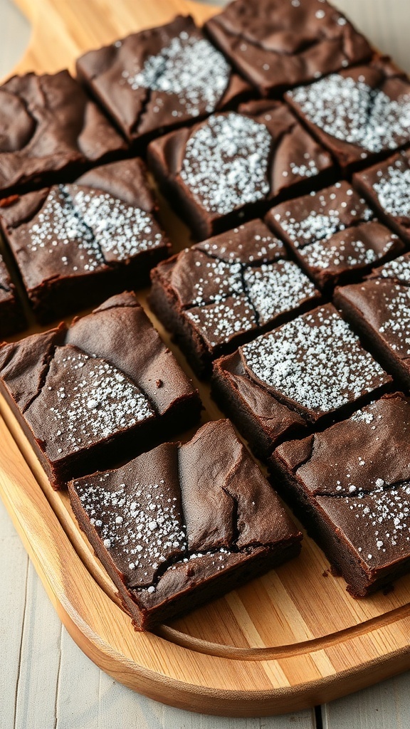 Delicious chocolate brownies cut into squares on a wooden board, sprinkled with powdered sugar.