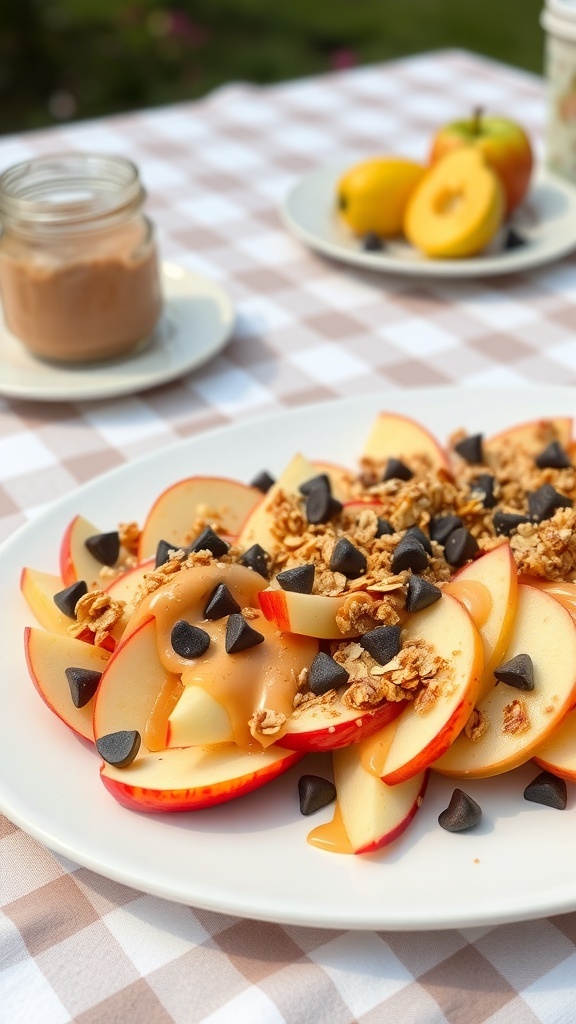 A platter of cinnamon apple nachos topped with peanut butter, granola, and chocolate chips.