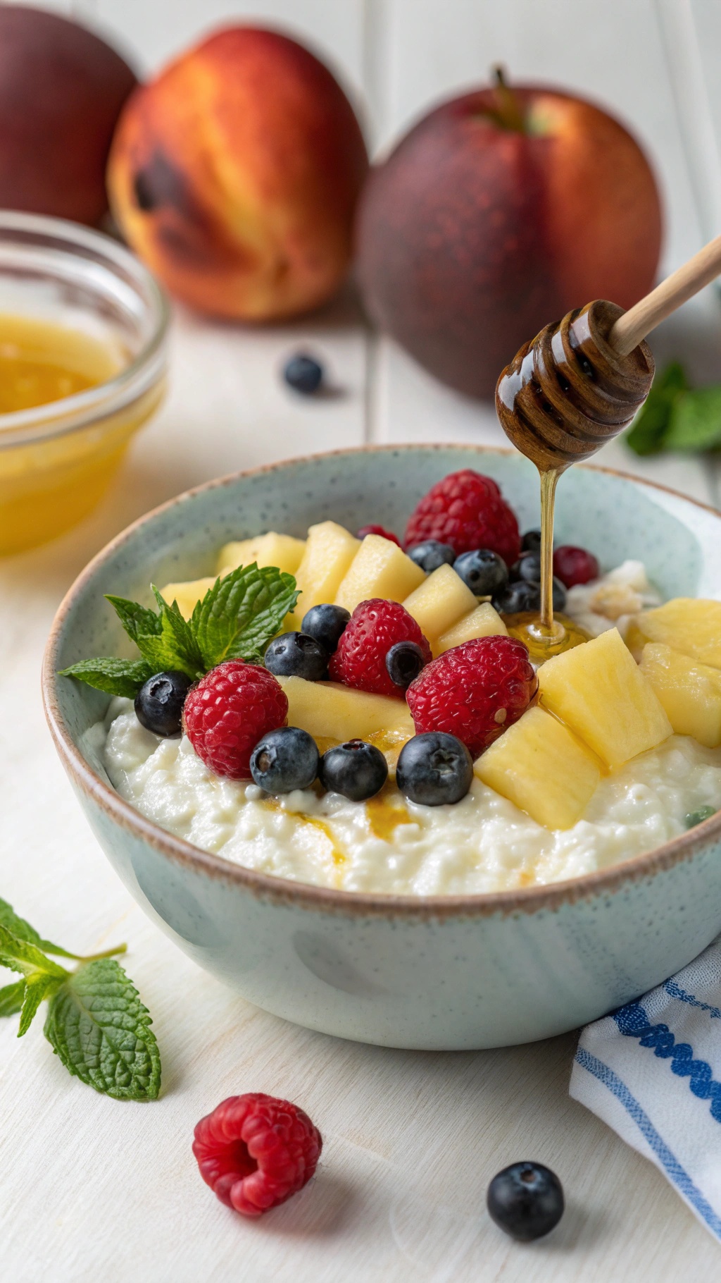 A bowl of cottage cheese topped with fresh fruits and honey