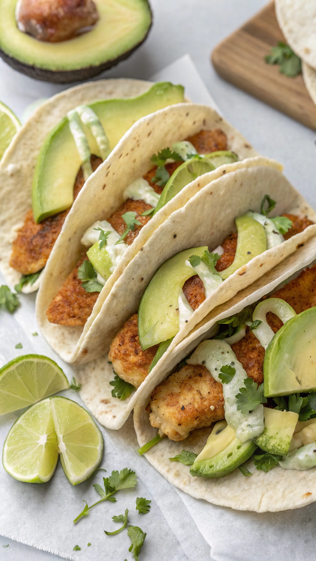 Fish tacos with avocado and lime dressing on a plate, garnished with lime wedges and cilantro.