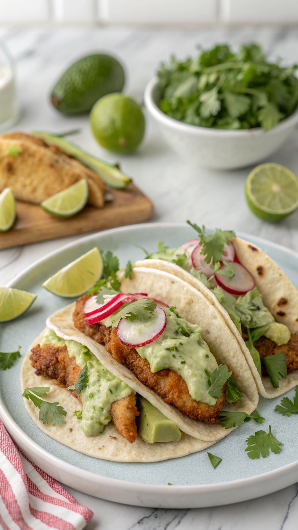 Delicious fish tacos topped with avocado cream sauce, garnished with cilantro and radishes, served with lime wedges.