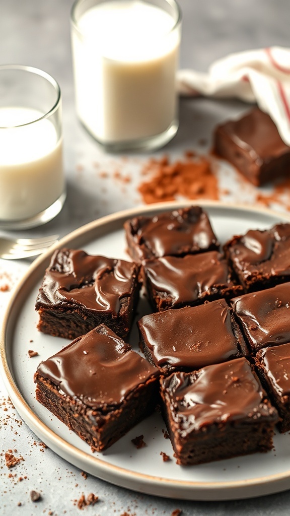 A plate of high-protein brownies with a shiny chocolate glaze, accompanied by glasses of milk.