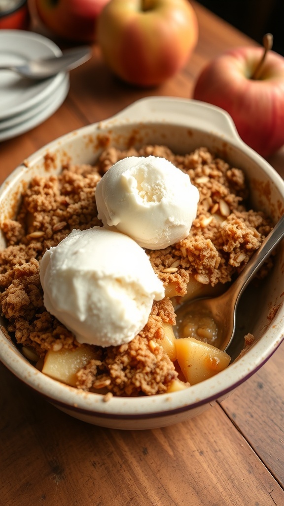 A delicious keto apple crisp with ice cream on top, surrounded by fresh apples.