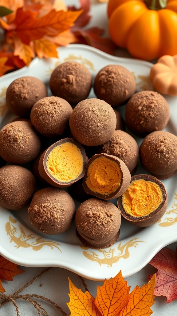 A plate of keto pumpkin truffles, some whole and some cut in half, showing the orange filling inside.