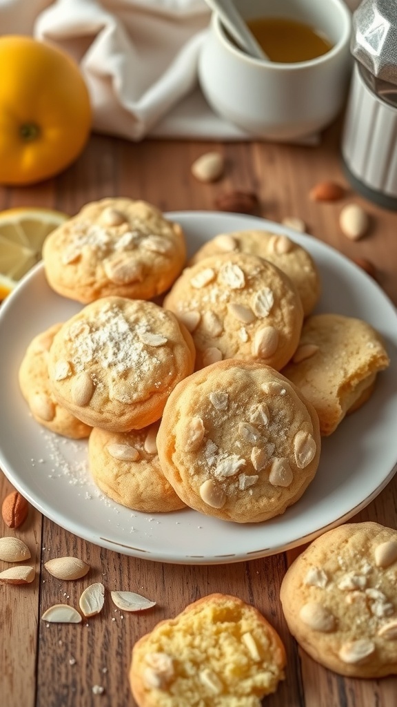 A plate of lemon almond cookies with sliced almonds on top, accompanied by a lemon and a cup of tea.