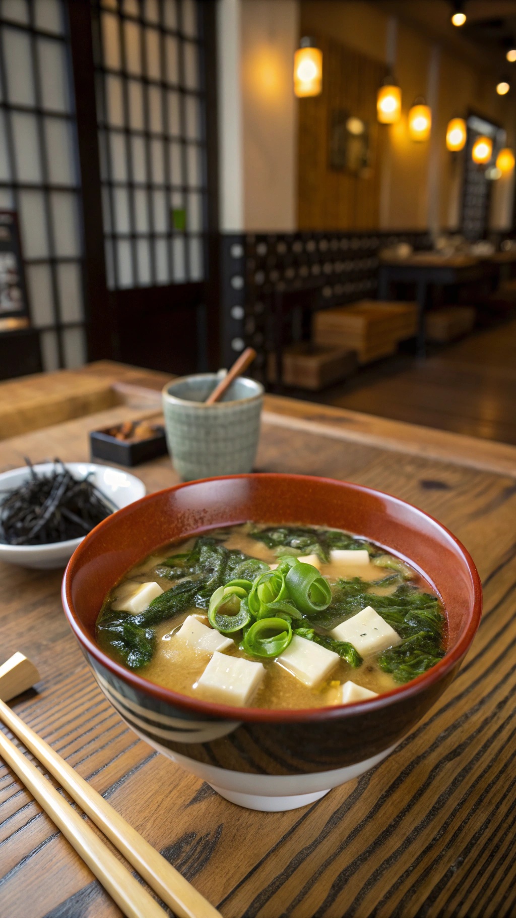 A bowl of miso soup with tofu and seaweed, garnished with green onions.