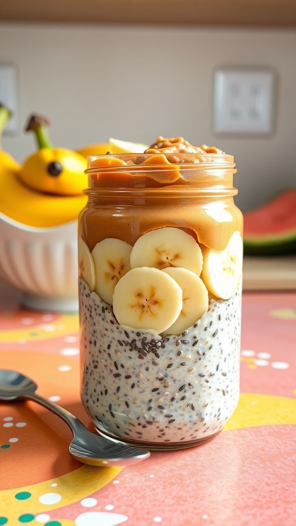 A jar of peanut butter and banana overnight oats with chia seeds and banana slices on top.