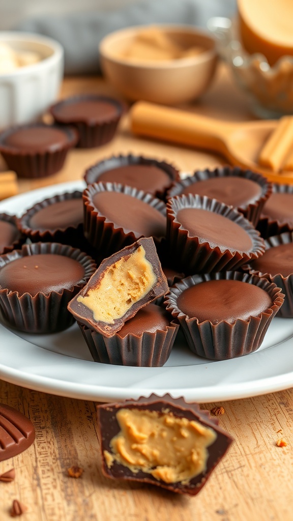 A plate of homemade peanut butter chocolate cups with one cut in half to show the filling.