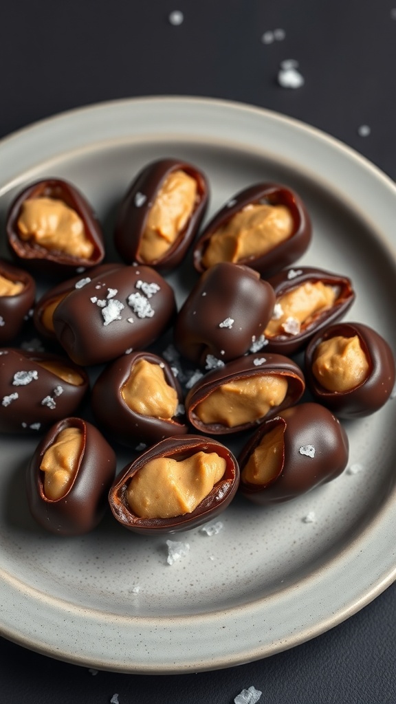 Plate of peanut butter chocolate dipped dates with sea salt