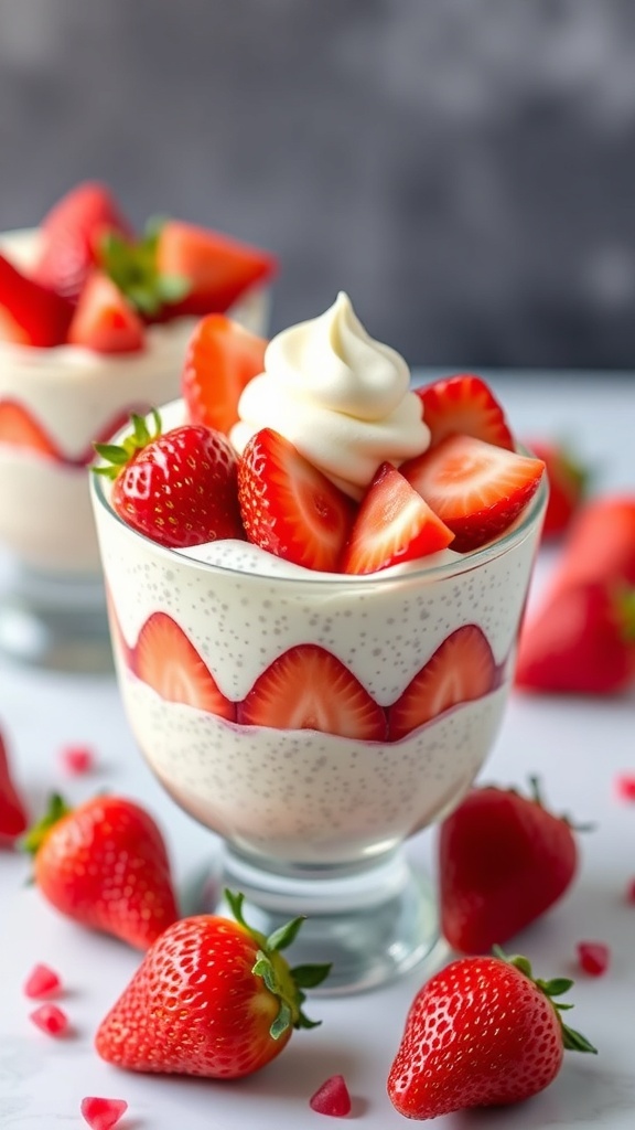 Strawberry cheesecake chia pudding in a glass, topped with fresh strawberries and whipped cream.