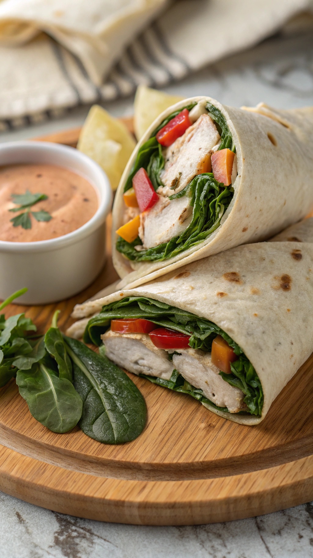 Turkey and spinach wraps with colorful bell peppers on a wooden plate
