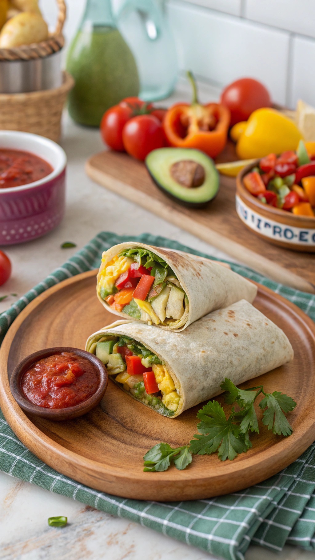Veggie-stuffed breakfast wraps with salsa on a wooden plate