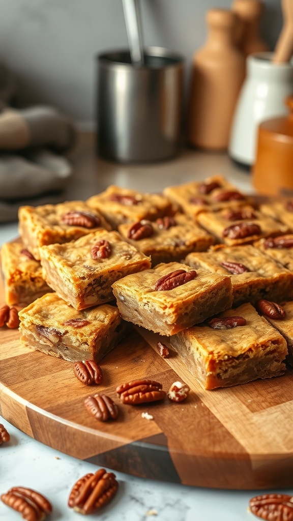 Maple pecan blondies stacked on a wooden board with whole pecans scattered around.