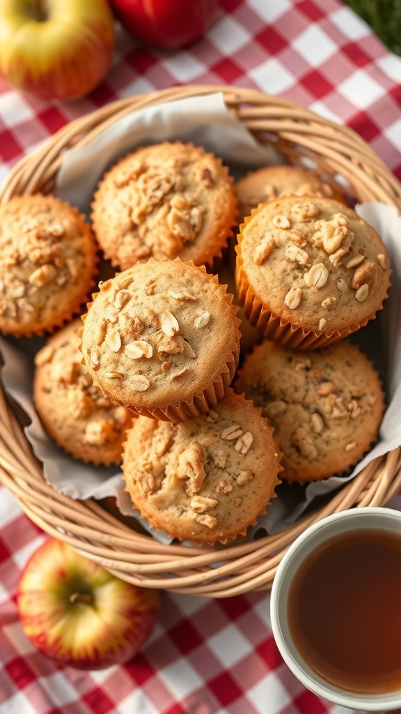 A basket of apple muffins with oats on top, surrounded by fresh apples and a cup of tea.